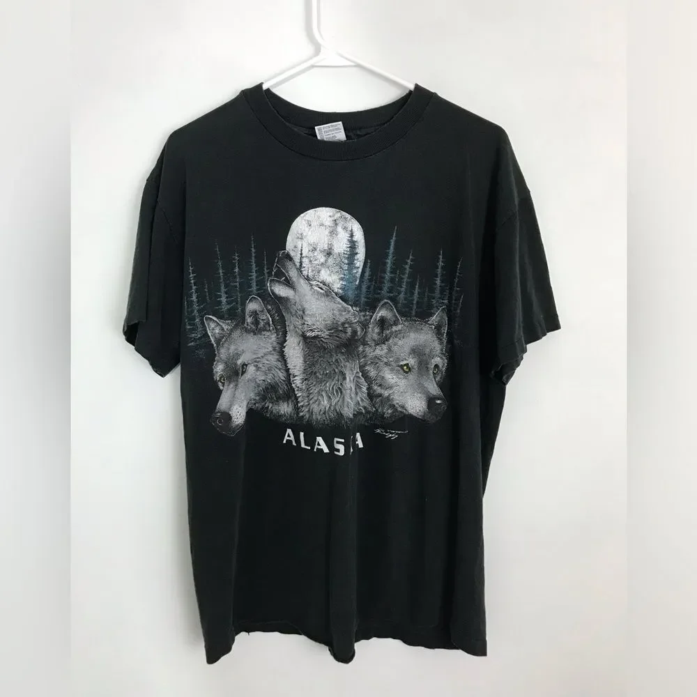Vintage Y2K Wolf Alaska Tee Shirt Black Mens Sz Large Anvil Tag